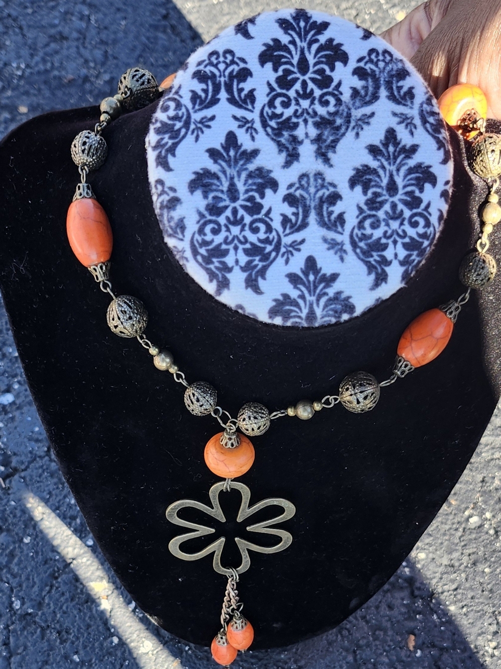 Statement Orange Bead Necklace with Antique Gold Flower Pendant